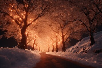 a black tree decorated with white light along a snowy winter road