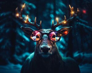 Portrait of a reindeer in a snowy cold forest wearing glasses. Creative wild animal fun cute concept. - obrazy, fototapety, plakaty