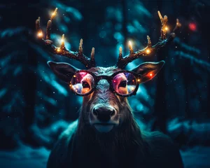 Foto op Plexiglas Portrait of a reindeer in a snowy cold forest wearing glasses. Creative wild animal fun cute concept. © Santijago