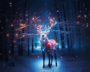 Beautiful colorful shiny decoater deer standing gracefully in winter snowy forest.