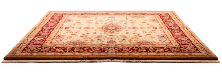 Elegant traditional Persian carpet with intricate red and gold patterns, fringed edges, ideal for classic interiors, on transparent background. Cut out home decor. Front view. PNG
