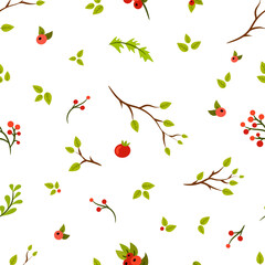 Seamless pattern with tree branches and berries. Floral design for wrapping paper, wall paper, textile, fabric.