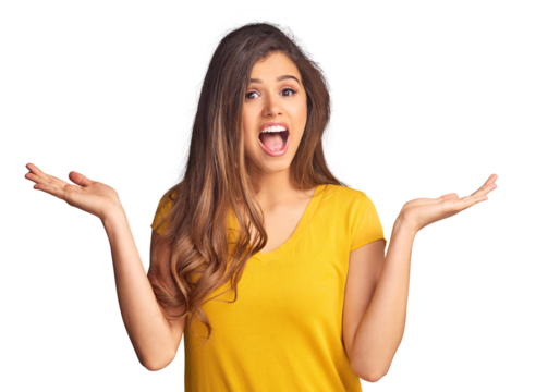 Happy woman, portrait and smile with presentation for decision, option or choice with offer. Female model, excited emoji and suggestion on isolated or transparent png background by hand for scale