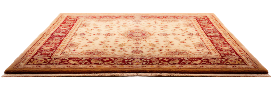 Elegant traditional Persian carpet with intricate red and gold patterns, fringed edges, ideal for classic interiors, on transparent background. Cut out home decor. Front view. PNG