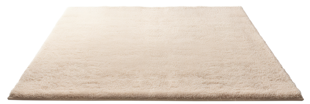 High-quality, plush beige rectangular carpet with a detailed soft texture, perfect for modern home interiors, on transparent background. Cut out home decor. Front view. PNG