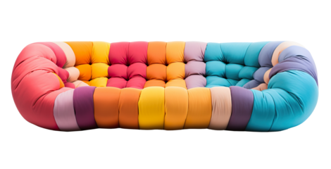 Ultra-modern multicolored tufted sofa with a playful wave design, combining shades of pink, orange, and blue, on transparent background. Front view. Cut out living room furniture. PNG