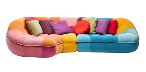 Modern multicolor curved sofa with a harmonious blend of warm and cool tones and assorted throw pillows, on transparent background. Cut out furniture. Front view. PNG