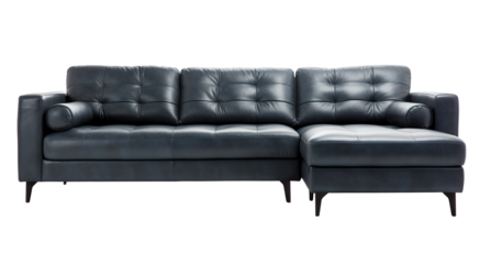 Sophisticated dark gray leather sectional sofa with chaise lounge and cylindrical pillows, elegantly set on tapered legs, on transparent background. Front view. Cut out furniture. PNG