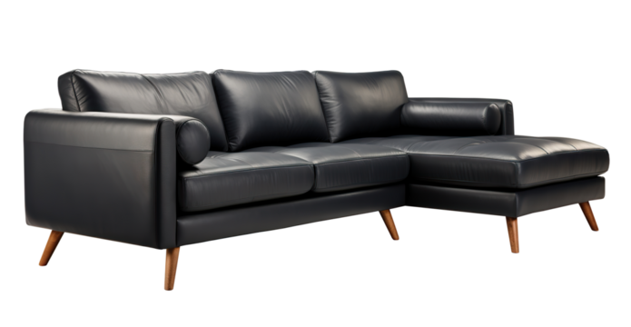 Contemporary black leather sectional sofa with a chaise and round bolsters on angled wooden legs, on transparent background. Side view. Cut out furniture. PNG