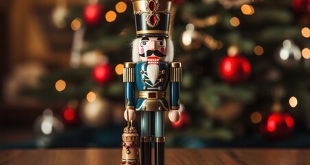 a nutcracker stands next to lights on a christmas tree.