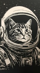 portrait of a cat face close-up, in a space helmet in retro style with a graphic effect. black and white