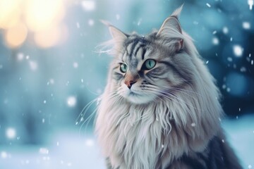 Naklejka premium Cute funny fluffy big Siberian cat sitting on blurred snowy winter background. Animal shelter and pet shop concept. Design with cat for poster, banner, card, calendar with copy space