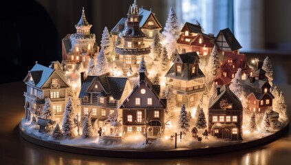 large ornamental village with lights on the table