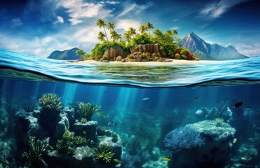 an underwater coconut island over the ocean with corals, fish and coconuts on the surface