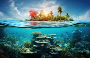 Fototapeta na wymiar an underwater coconut island over the ocean with corals, fish and coconuts on the surface