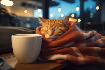 Domestic orange cat wrapped in a blanket with cup of tea. Happy pet has relax. Sick kitten under a blanket drinking hot drink on the sofa. Cozy autumn or winter concept