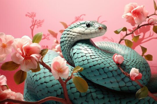 Mystic blue snakes and rose flowers on blurred pink floral background. King snake wrapping around colorful flowers. Floral illustration in vintage style. Exotic pet portrait