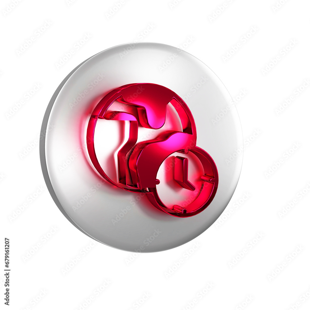 Poster red world time icon isolated on transparent background. silver circle button.