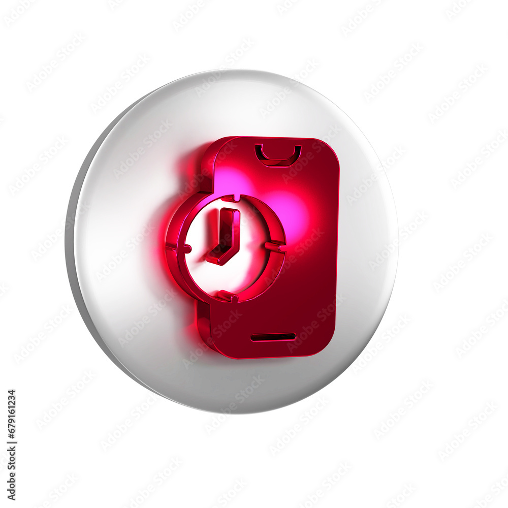 Poster red alarm clock app smartphone interface icon isolated on transparent background. silver circle butt
