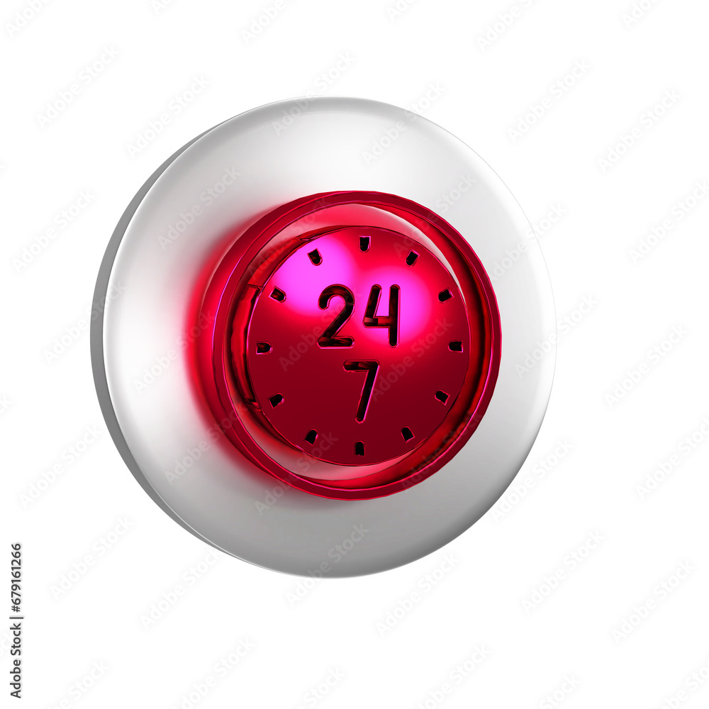 Poster red clock 24 hours icon isolated on transparent background. all day cyclic icon. 24 hours service sy