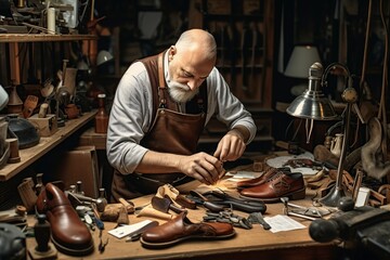 experienced shoemaker mending shoes in his modern shoe store - obrazy, fototapety, plakaty