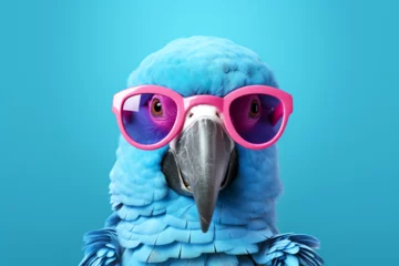 Fototapeten funny blue parrot bird wearing pink sunglasses © mr_marcom