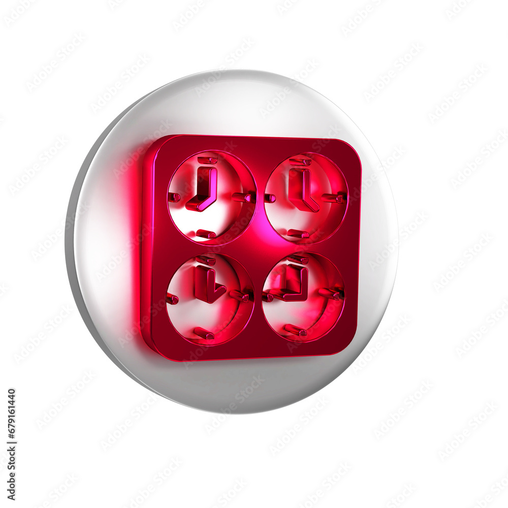 Poster red time zone clocks icon isolated on transparent background. silver circle button.