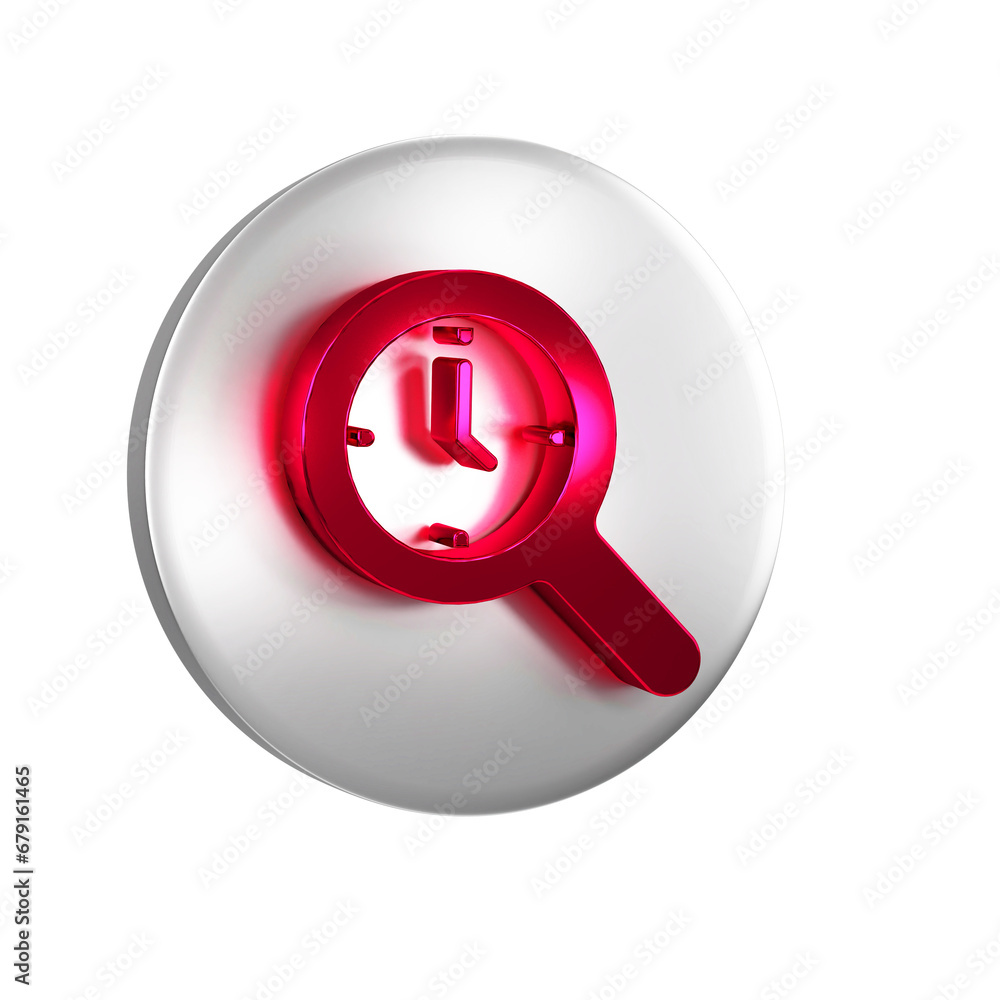 Poster red magnifying glass with clock icon isolated on transparent background. clock search. silver circle
