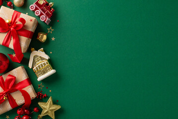 Welcoming New Year with style! Craft paper gift boxes, red and gold baubles, playful Christmas tree...