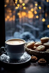 Fototapeten beginning of a happy day with a cup of coffee or chocolate in winter © Jorge Ferreiro