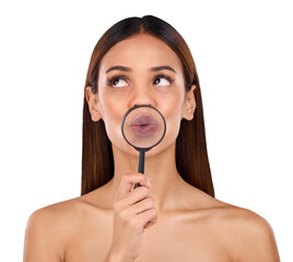 Pouting, cosmetics and a woman with a magnifying glass, mouth and skincare isolated on transparent...