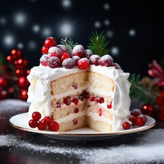Christmas white cake with red berries. happy new year, food and christmas concept