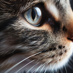 Fotografia de primer plano con detalle de rostro de gato, con reflejos de luz - obrazy, fototapety, plakaty