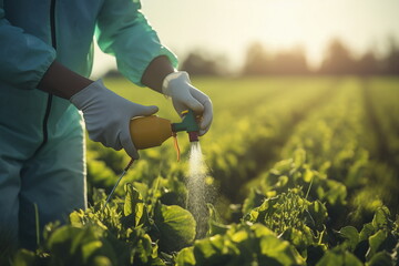 harmer hand spray pesticide on agriculture field - obrazy, fototapety, plakaty