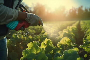 harmer hand spray pesticide on agriculture field - obrazy, fototapety, plakaty