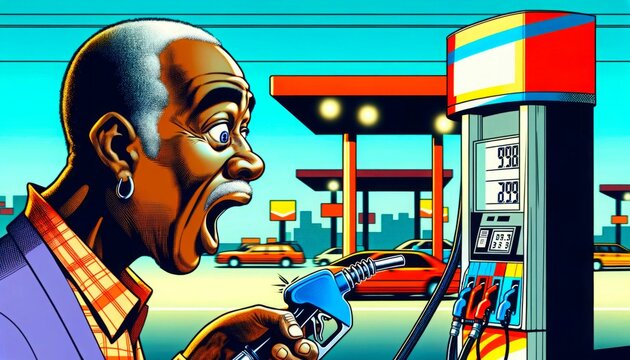 An Elderly Black Person Stands Jaw-dropped At A City Gas Station, Staring In Surprise At A Fuel Pump With Rising Prices. The Image Conveys Astonishment And The Economic Shock . Generative AI