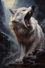 An expressive portrait of a howling wolf, with its mouth open wide and fur standing on end, conveying the call of the wild.