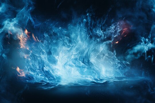 A surreal image of flames made of ice, with cool blue flames flickering in a sea of icy tranquility.