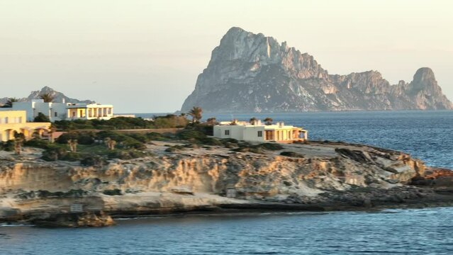 Aerial video of an idyllic place with Es Vedra in the background.
