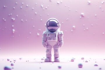 An abstract character in an astronaut suit, adorned in soft lavender tones, standing with a sense of calm and simplicity in a minimalist environment. - obrazy, fototapety, plakaty