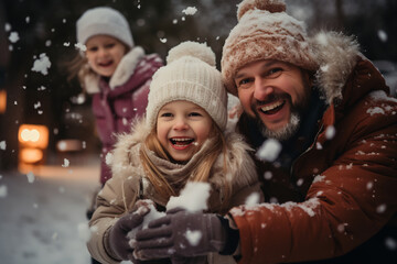 Obraz premium Happy father and his daughter playing snowballs in winter park