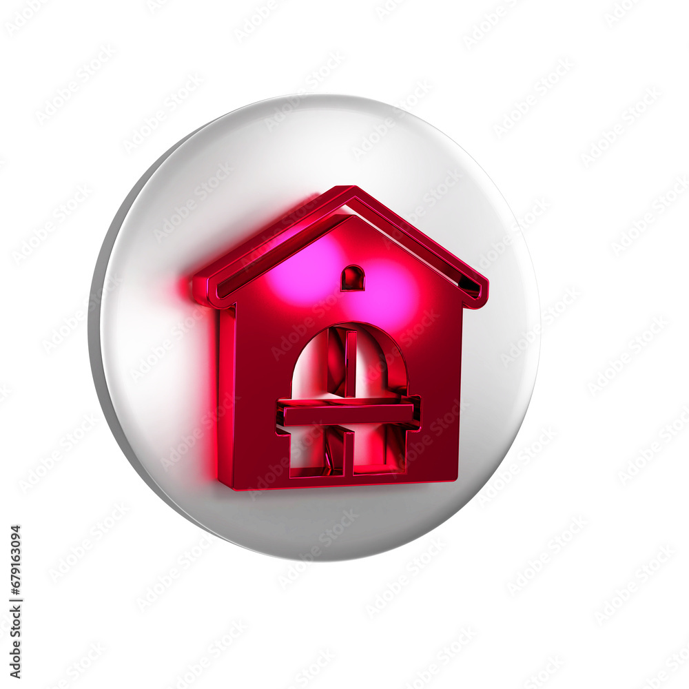 Wall mural red farm house icon isolated on transparent background. silver circle button.