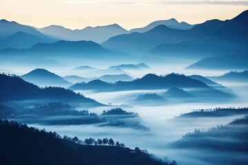 Beautiful landscape of mountains in foggy morning. Beauty in nature.