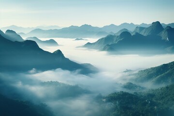 Beautiful landscape of mountains in foggy morning. Beauty in nature.