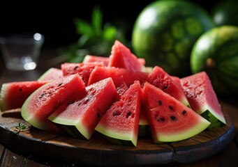 Several slices of red and very fresh watermelon.