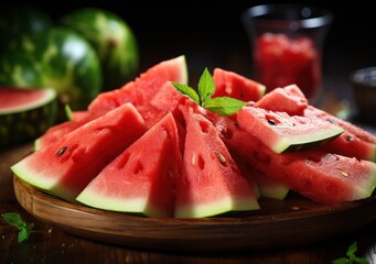 Several slices of red and very fresh watermelon.