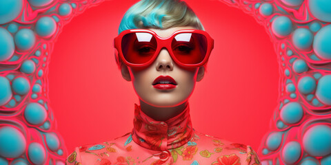 Cool and Stylish Senior Older Woman with Neon Red and Blue Fashionable Clothes and Sunglasses