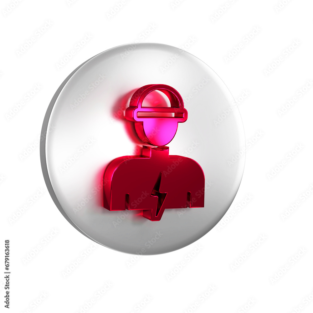 Sticker red electrician technician engineer icon isolated on transparent background. silver circle button.