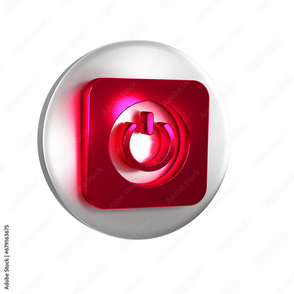 Poster red power button icon isolated on transparent background. start sign. silver circle button.