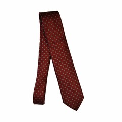 Folded burgundy silk tie with pattern on isolated background